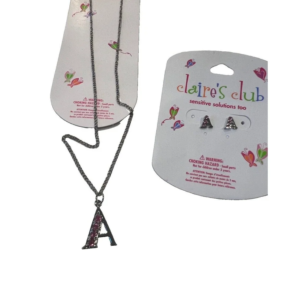 Claire's Club Letter A Pendant Necklace 15in Chain and A Earings Pink Silver